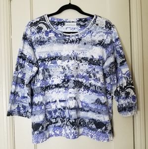 Alfred Dunner White, Black & Blue Abstract Print Long Sleeve Blouse